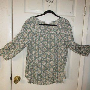 LC Lauren Conrad Green Floral Print Blouse Top 3/4 Sleeve Scoop Neck size XXL